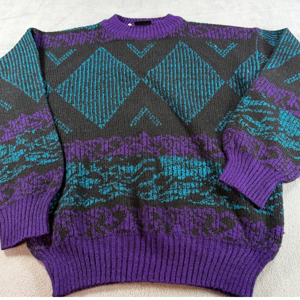Vintage 80s Kennington Italia Geometric Knit Sweater Purple Teal Black‎ L XL